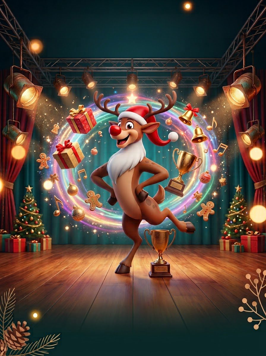 Renifer Rudolf tańczący na świątecznej scenie z pucharami — grafika Ogólnopolskiego Festiwalu Tańca Rudolf 2026